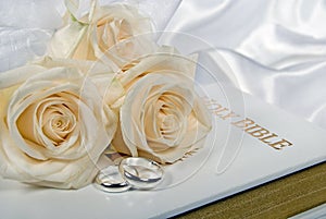 wedding rings and roses on Bible