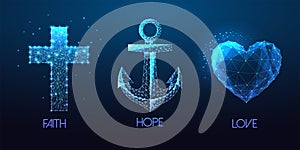 Faith Hope Love Christian religious concept with cross, anchor and heart symbols on blue background