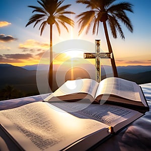 Faith Illuminated: Open Bible Script in Blur with Focus on Palm Cross on Sunrise Background â€“ Crucifix Symbol of Faith