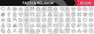 Faith and religion linear icons in black. Big UI icons collection in a flat design. Thin outline signs pack. Big set of icons for