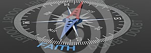 Faith word on compass with blue and red needle