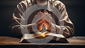 Faithful Devotion, Man Praying to God with the Bible on the Table, Generative AI