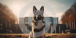 A faithful German Shepherd standing guard outdoors supported by advanced technology. Concept Animal Photography, Technology in