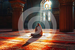 Faithful worship Muslim man praying in mosque with sunlight ambiance