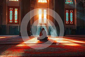 Faithful worship Muslim man praying in mosque with sunlight ambiance