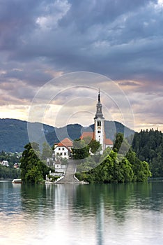 Faitytale Bled Lake with Island Church at Romantic Sunrise, Slovenia