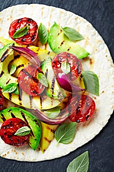 Fajita with Grilled Avocado, Mango and Cherry Tomatoes