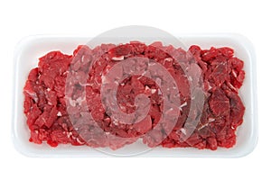 Fajita meat raw on white foam tray isolated on white background
