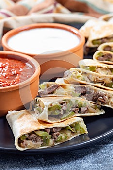 Fajita quesadilla with pieces of beef steak, green bell pepper, onion and cheese, on plate, closeup