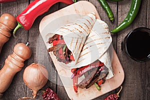 Fajitas, mexican beef stripes in tortilla wrap