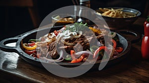 Fajitas with peppers, onions, and tender strips of beef