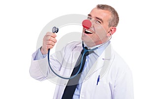 Fake doctor singing a song at his stethoscope