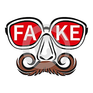 Fake face mask with glasses and mustache icon. Person hiding true face. Incognito, spreading false info, deception. Flat vector