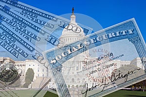 Fake Medicare card and US currency superimposed on US capitol building.