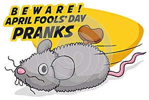 Fake Mouse with Mainspring for Funny Pranks in Fools` Day, Vector Illustration