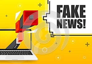 Fake News banner template. Marketing flyer with megaphone. Isometric and pixel style. Template for retail promotion and