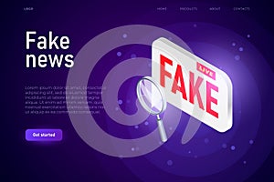 Fake News broadcast illustration concept, isometric text bubble with fake word.
