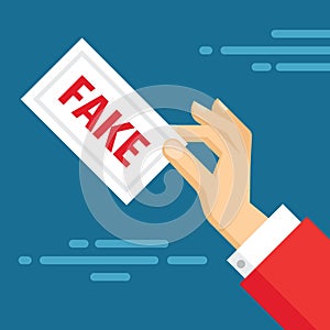 Fake news concept banner. Human hand and paper card with message of false information. Flat style design. Vector illustration.