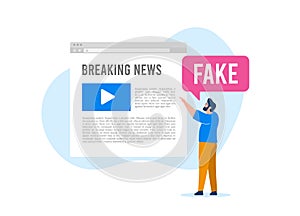 Fake news concept. Man points finger at online news article and yelling fake. Misinformation, disinformation and