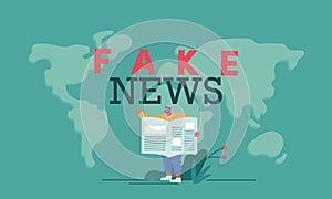 Fake News Concept. Man Reading Newspaper on World Map Background, Mass Media Worldwide Human Consciousness