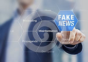 Fake News concept with a person showing misleading, deceptive stories, propaganda, lies, fabricated facts to control or manipulate photo
