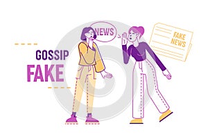 Fake News Concept. Women Characters Telling Gossips and Scandal Tales to Each Other on Street