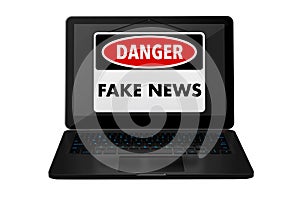 Fake News Danger Sign over Laptop Screen. 3d Rendering