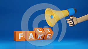 Fake news or fact in online internet media news with loudspeaker, megaphone. Political deception and propaganda journalism. 3D