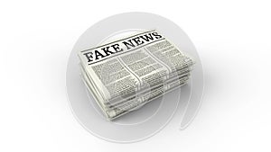 Fake news - Fake news headline. Hoax media newspaper printing. Stack of newspapers on white background.