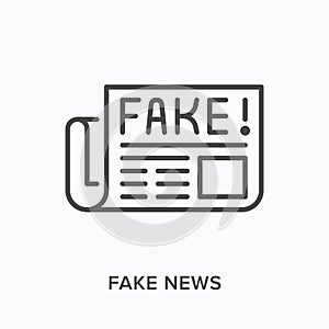 Fake news flat line icon. Vector outline illustration of rumor newspaper. Media misinformation thin linear pictogram