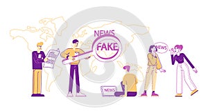 Fake News and Gossips, False Info Fabrication Concept. Tiny People Reading Newspapers, Social Media Information