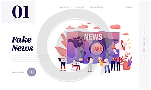 Fake News and Gossips Landing Page Template. Tiny People Reading Newspapers and Social Media Information