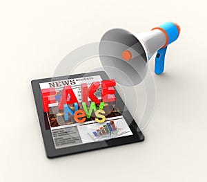 Fake news or hoax in online internet media news on touch tablet computer with loud-speaker. 3D render journalism background