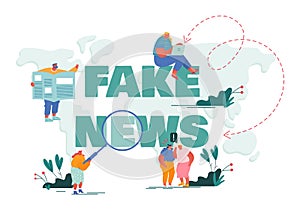 Fake News, Info Fabrication, Gossips Concept. People Reading Newspapers and Social Media Information in Internet