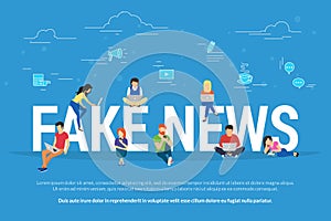 Fake news and and information fabrication concept flat vector illustration of young people reading fake news