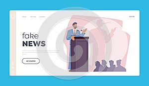Fake News Landing Page Template. Male Character Liar with Long Nose Shade on Wall Stand On Podium Addressing A Crowd