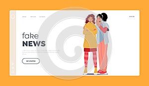Fake News Landing Page Template. Two Women Characters Huddled Close, Whispering Secrets To Each Other