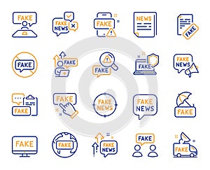 Fake news line icons. Social media propaganda, Newspaper and Conspiracy of truth outline icons. Vector