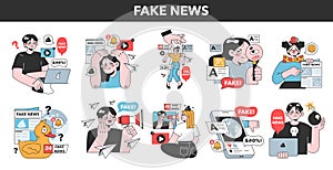 Fake news set. Manipulation and control over people mind. Media influencing