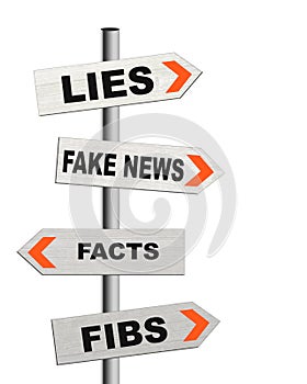 Fake news signposts, lies, disinformation, misinformation concept. Signs isolated on white background.