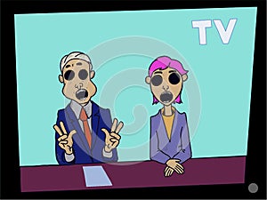 Fake news TV, male and female tv news announcer on screen