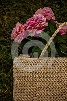 fake pink flowers closeup outdoor on the graun