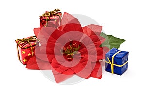 Fake poinsettia with gift boxes