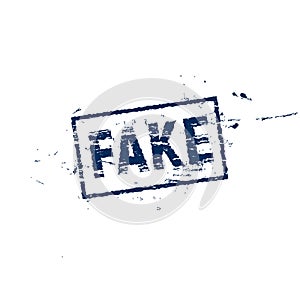 Fake square label, grange style stamp, vector illustration on white background. Fake news blue scrapes symbol.