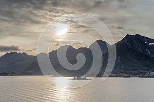 Fake-sunset in fjord, near Kabelvag, Lofoten, Norway