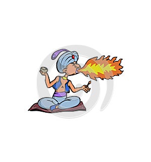 fakir cartoon character releases fire from his mouth illustration