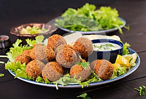 Falafel, hummus and pita. Middle eastern or arabic dishes on a dark background.