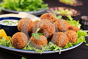 Falafel, hummus and pita. Middle eastern or arabic dishes on a dark background.