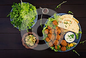 Falafel, hummus and pita. Middle eastern or arabic dishes on a dark background.