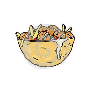 Falafel in pita bread with vegetable salad and french fries illustration